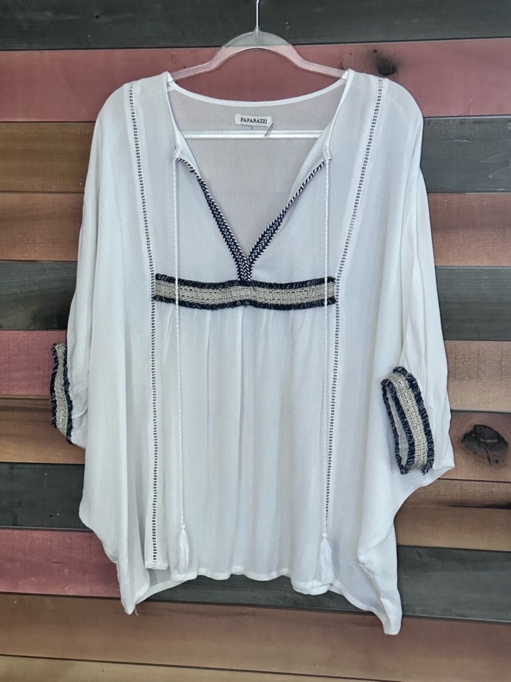 Boho Peasant Blouse | Cream Gauze Embroidered Tassel Top | Coastal Boho Chic